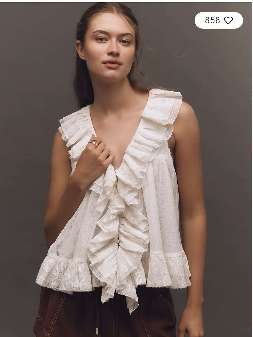 Anthropologie White Ruffled V-Neck Sleeveless Blouse